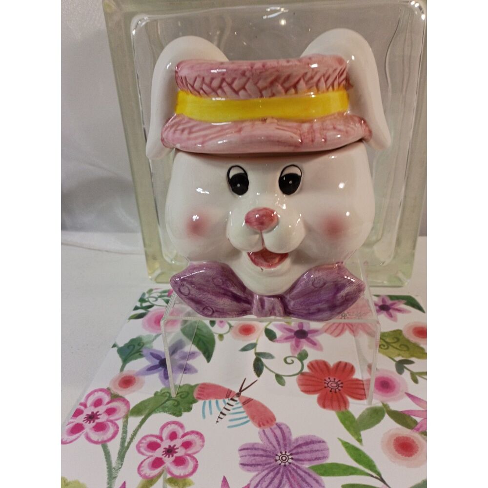 Ceramic Girl Bunny Treat Jar Pink Hat, Floppy Ears Handpainted
